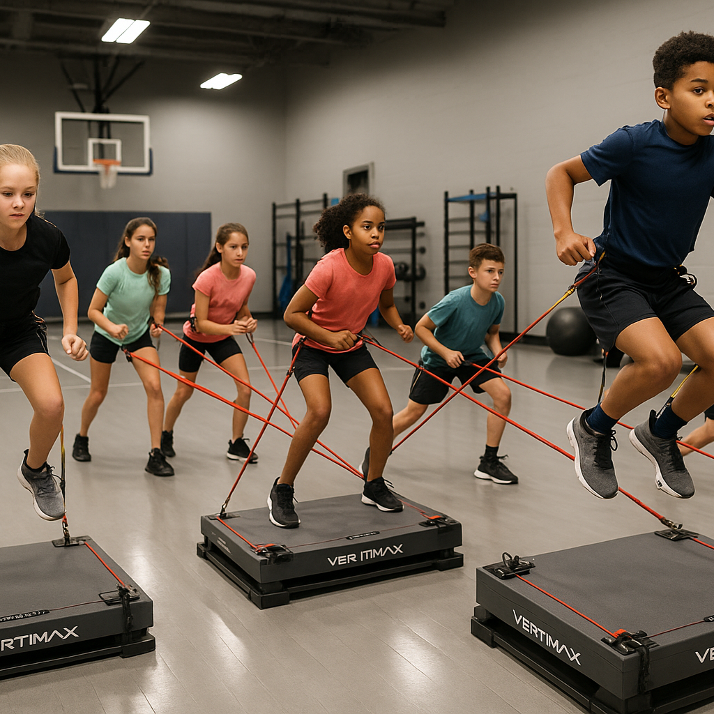 8 kids training vertimax in an indoor gym. 