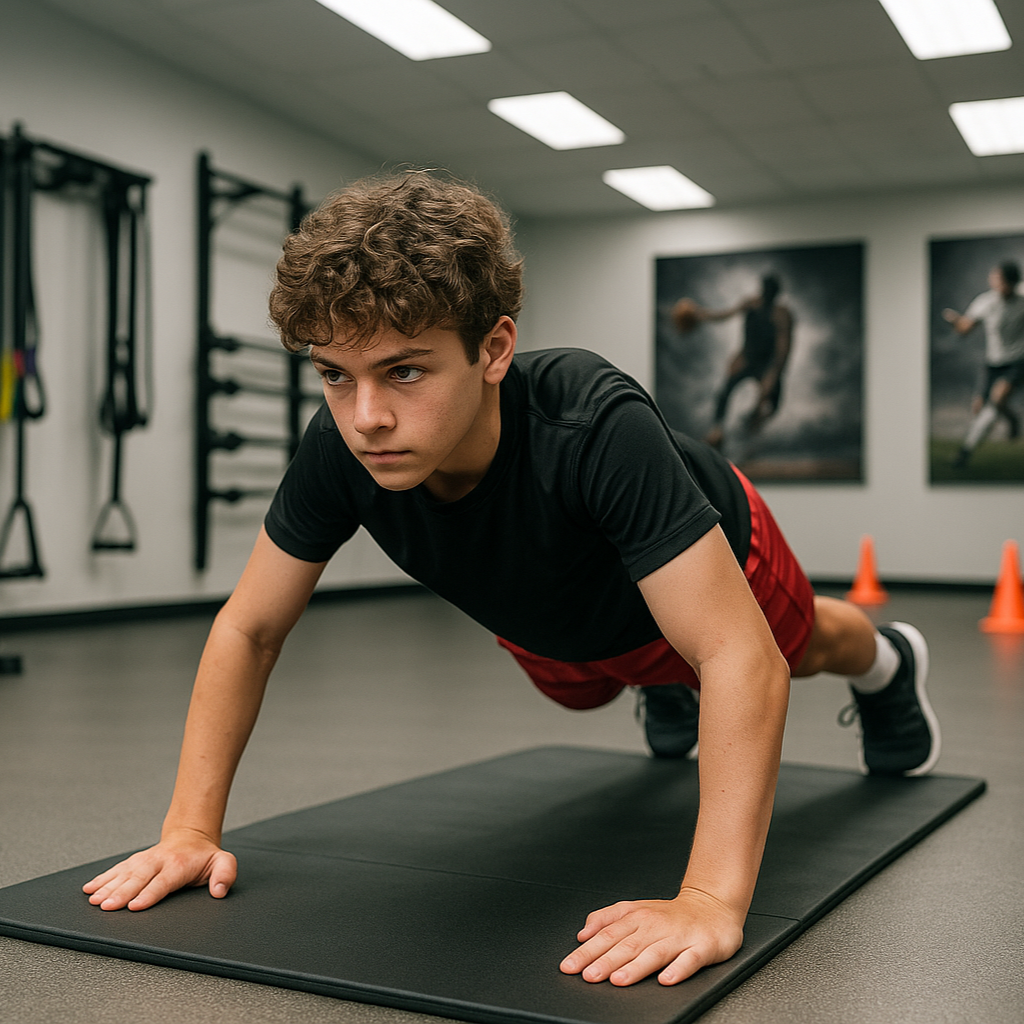 a single kid in an indoor gym doing a conditioning personal training session